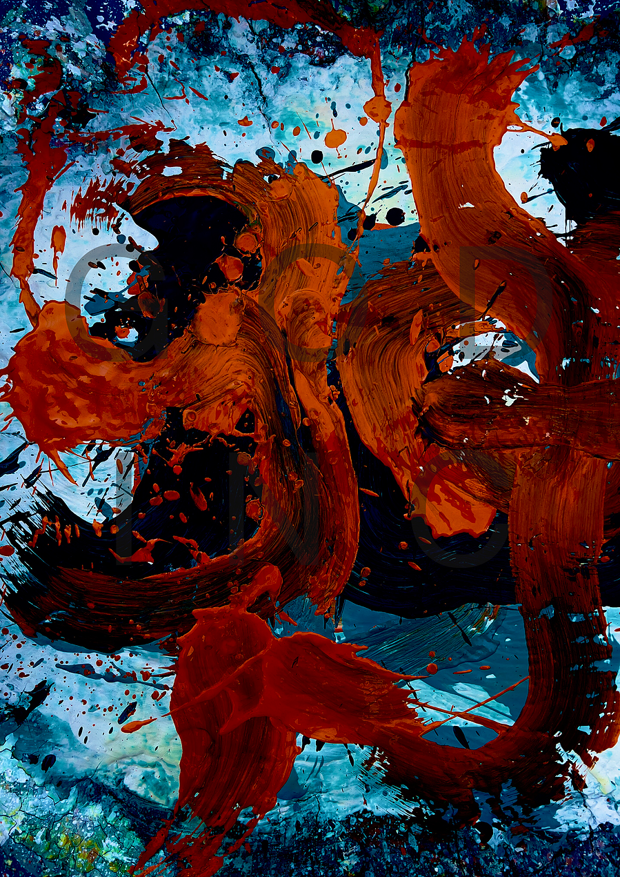 God in Japanese characters written with clay vibrant red abstract art 