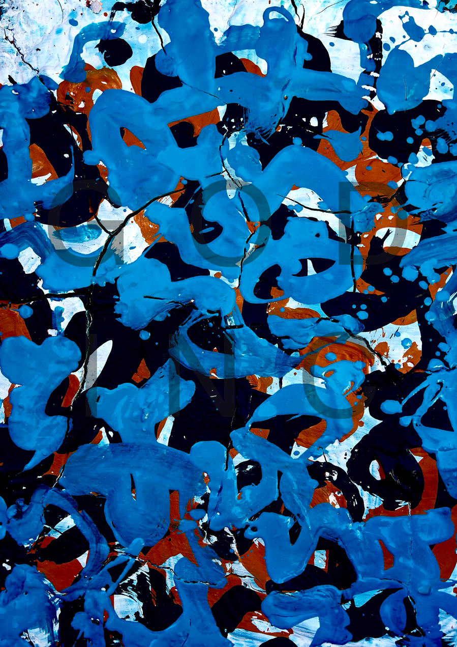 Blue Japanese characters painted in abstract form random splashes mostly blue
