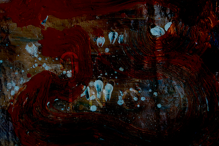 Large clay slab painting ore me in bright red background dark abstract art 