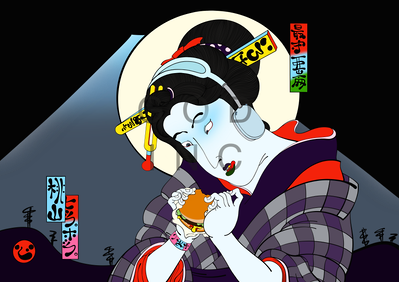 Ukiyo-e beautiful girl bijin eats mos burger listens to music on Apple headphones Mount Fuji in back ground 