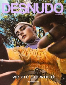Actress Meg Donnelly on the cover of Desnudo Magazine Italia, photographed via FaceTime and processed on medium format film. Meg wears a lavender turtleneck Simon Lextrait, vintage yellow dress by Hutch, beige leather belt by Gucci, and vintage earrings.
