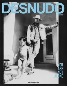 Black and white portrait of Keith Carlos, winner of America&amp;amp;amp;amp;amp;#x27;s Next Top Model, with his son. Photo taken via FaceTime and printed on Polaroid&amp;amp;amp;amp;amp;#x2F;Fujifilm Instax. Keith wears a denim jacket and jeans by Fashion Nova, hat by Zara, boots by House of Hound.
