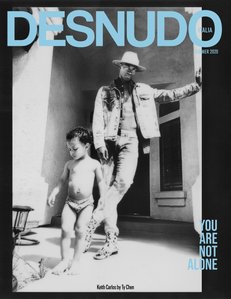 Black and white portrait of Keith Carlos, winner of America&amp;amp;amp;amp;amp;#x27;s Next Top Model, with his son. Photo taken via FaceTime and printed on Polaroid&amp;amp;amp;amp;amp;#x2F;Fujifilm Instax. Keith wears a denim jacket and jeans by Fashion Nova, hat by Zara, boots by House of Hound.