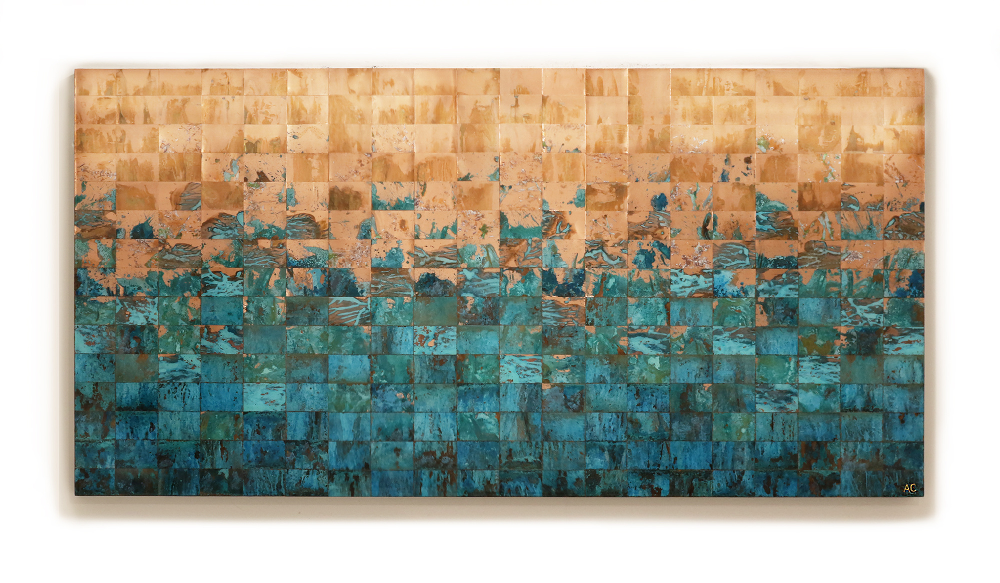 Enchantment, 2024. (30in. x 60in.) Oxidized copper on wood panel. Epoxy-resin finish. 