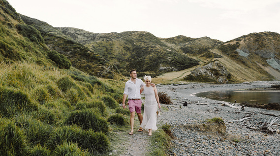 Couple elope to Wellington, New Zealand from California, USA for their wedding at Makara coastline, Wellington