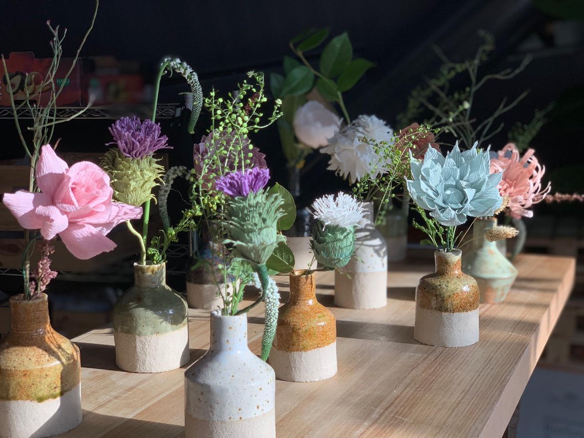 Paper Flowers in ceramic pots at Crispin E1
