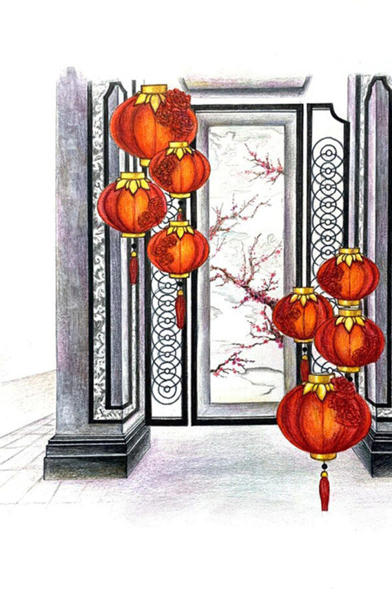 mei ume chinese new year red lantern and red paper flowers