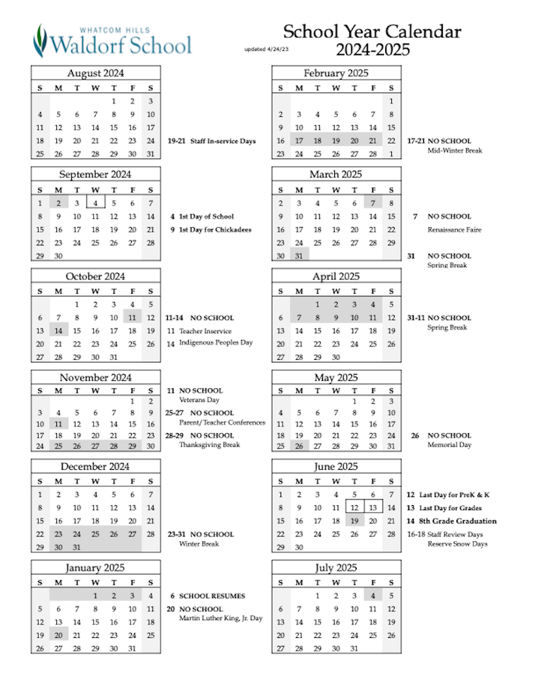 Academic Calendar Hills Waldorf School