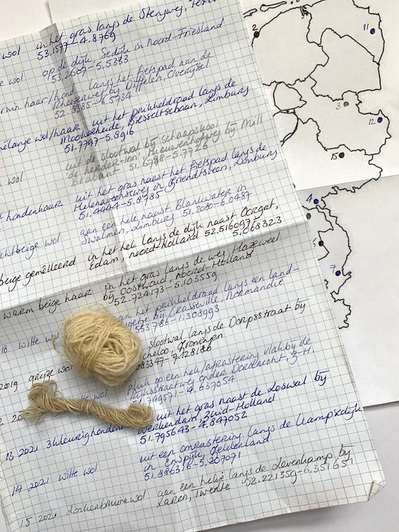 A handwritten list with descriptions and GPS coordinates where I found the wool.