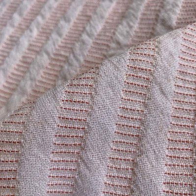 handwoven double weave in pink trevira with small red stripes