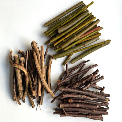 Three different types of wood, all pruning waste, that are used for natural dyeing.