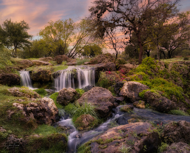 Sunset over waterfalls, Cordillera Ranch, Boerne, TX