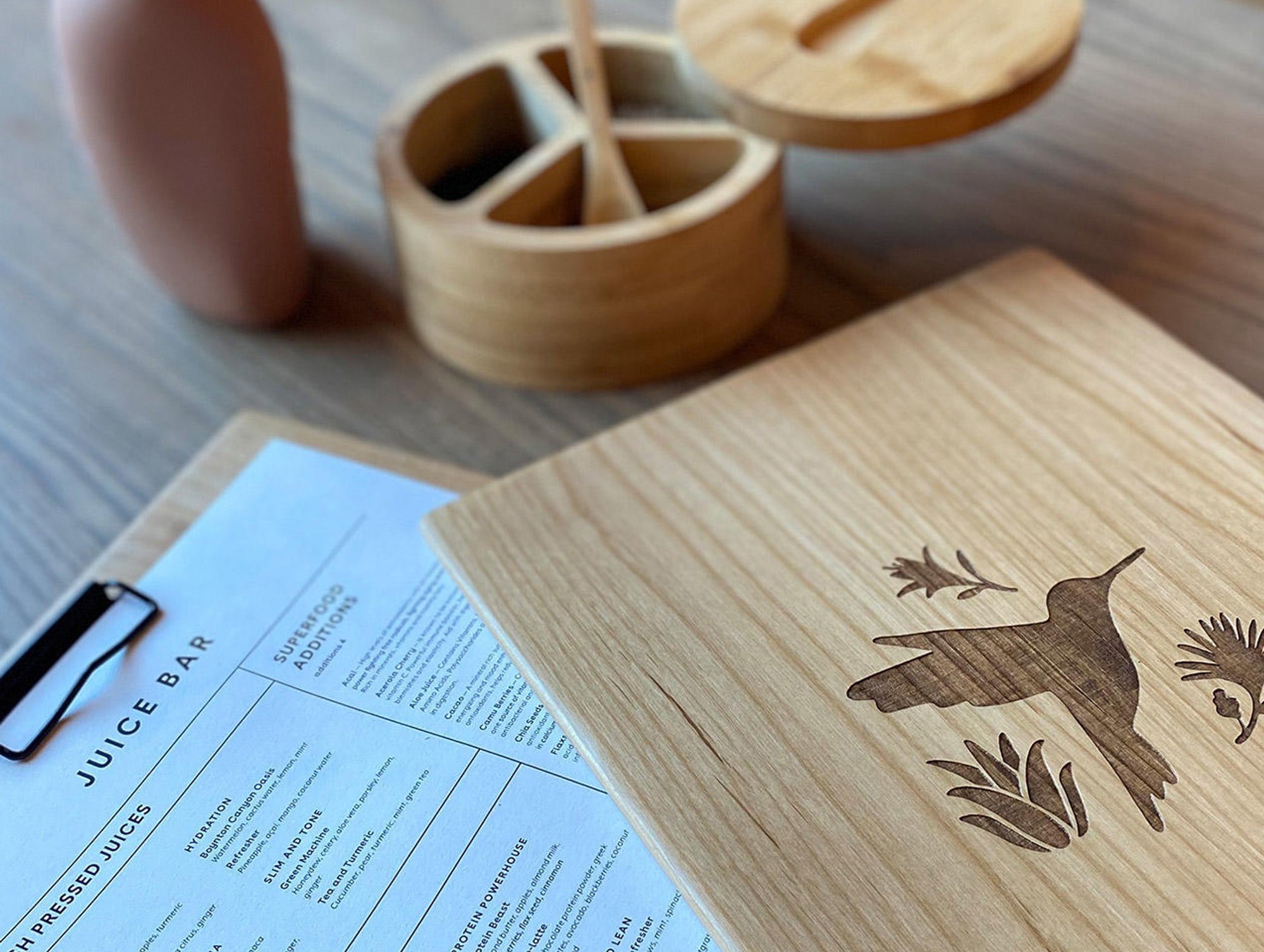 Mii Amo juice bar menu and menu holder