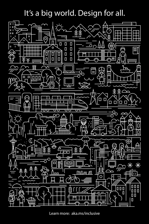 A poster for Microsoft Inclusive, with graphic environments and people. It reads 