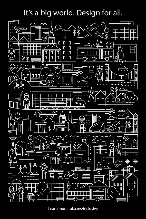 A poster for Microsoft Inclusive, with graphic environments and people. It reads 