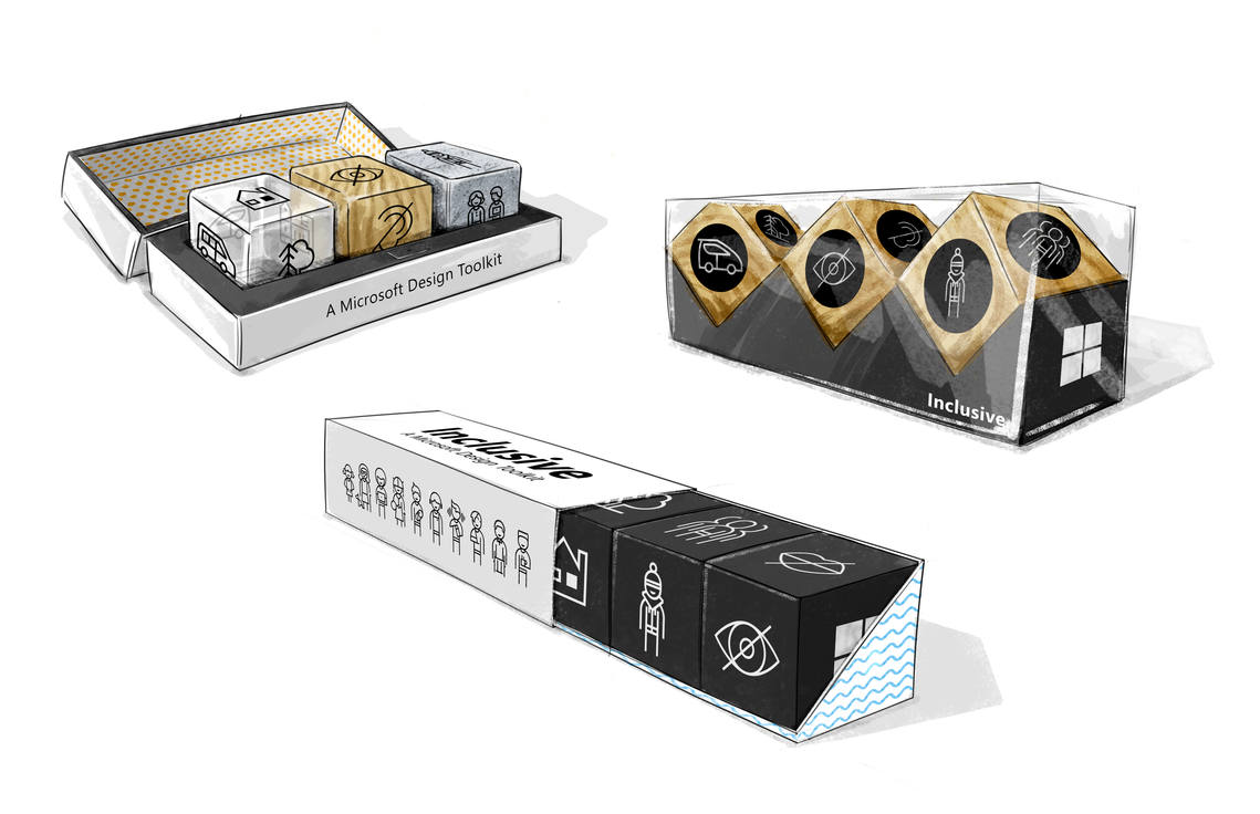 A dice set in different materials, each showing iconography to represent types and contexts for disabilities.