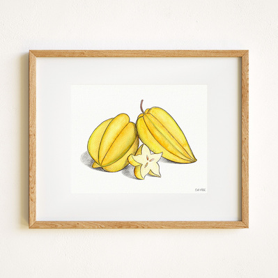 Ink and watercolor Illustration of a starfruit, displayed in a natural wood frame