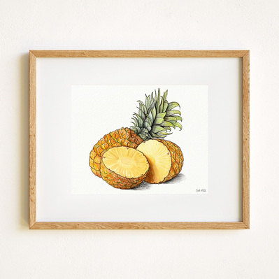 Ink and watercolor Illustration of a pineapple, displayed in a natural wood frame