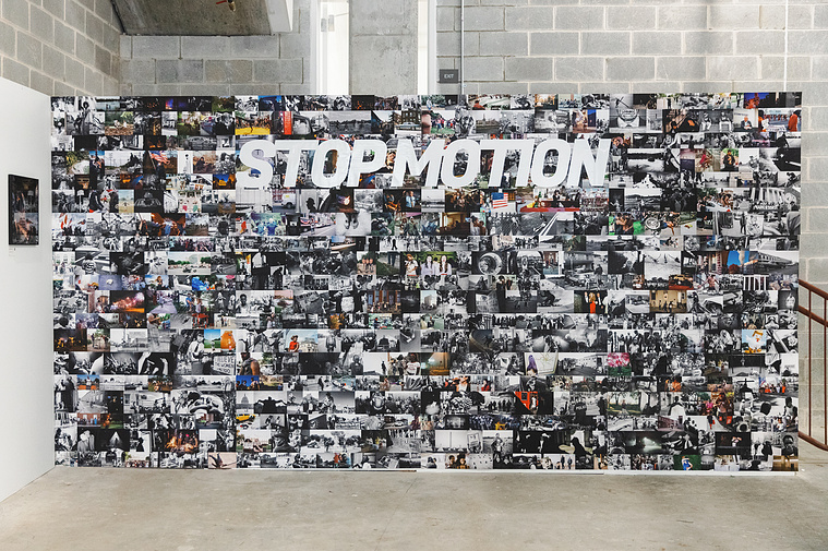 Curator Katie Dance installed a Stop Motion photography collage mural at UMBRELLA art fair presented by No Kings Collective.