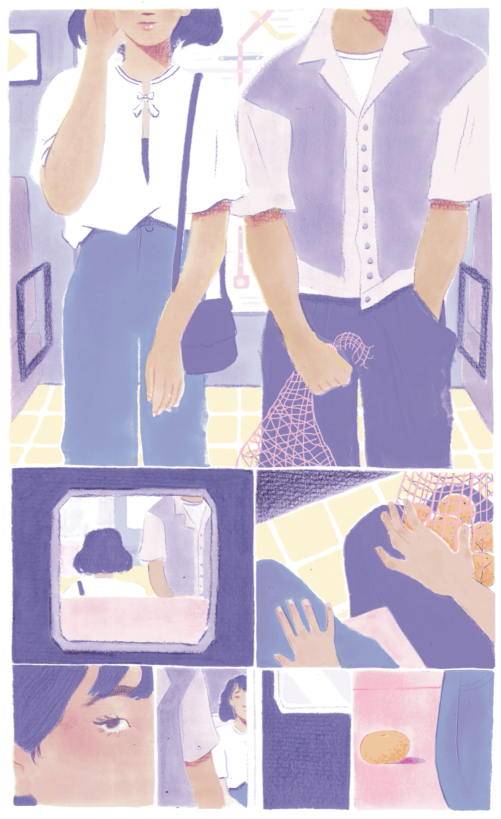 An imagined meet-cute in the CMX subway. In Spanish, the idiom for your other half is “mi media naranja,” or literally, “my half orange.”
