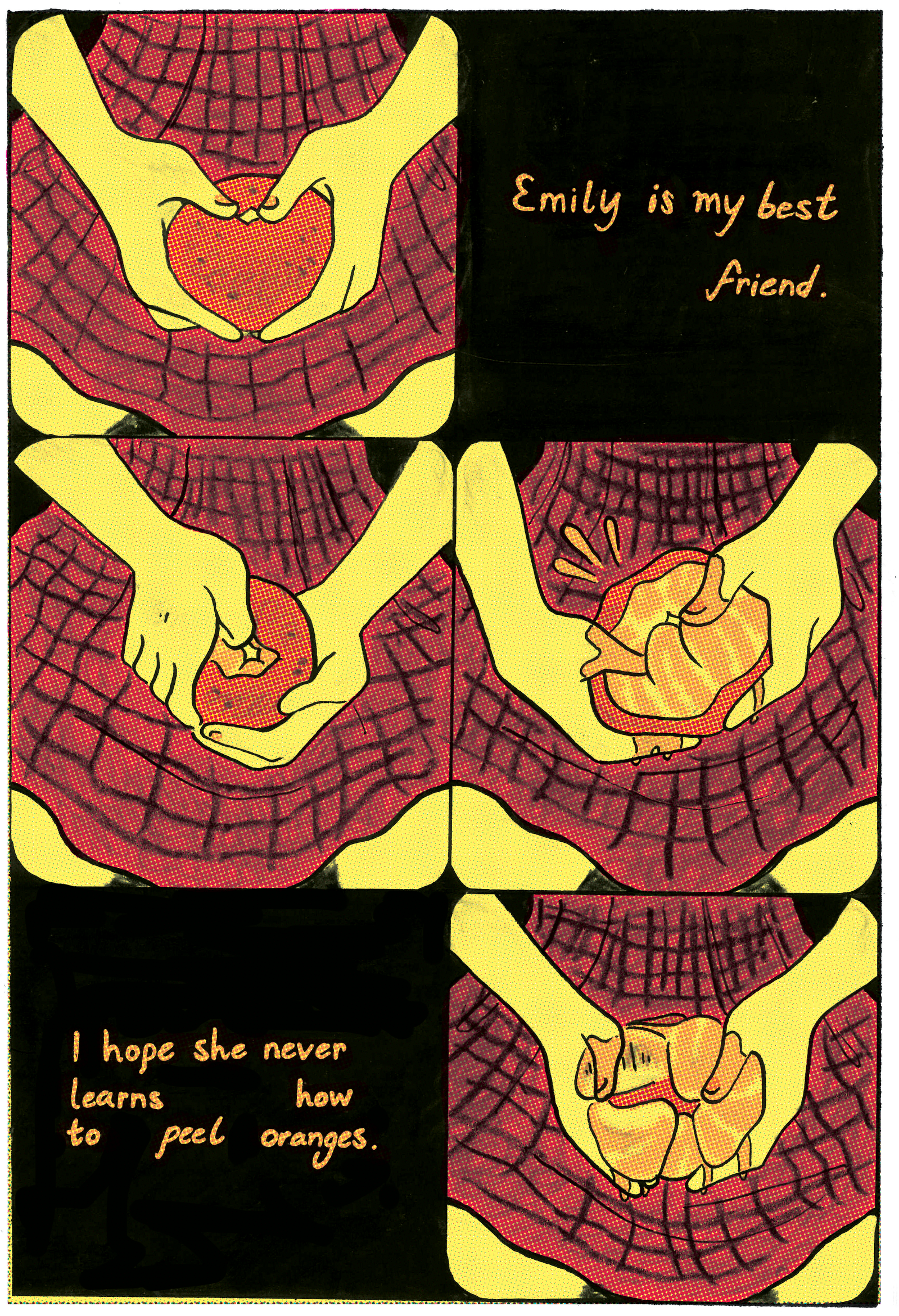Derived from Jean Little’s poem “Oranges,” that creates a strong, warm intimacy around two girls who share an orange