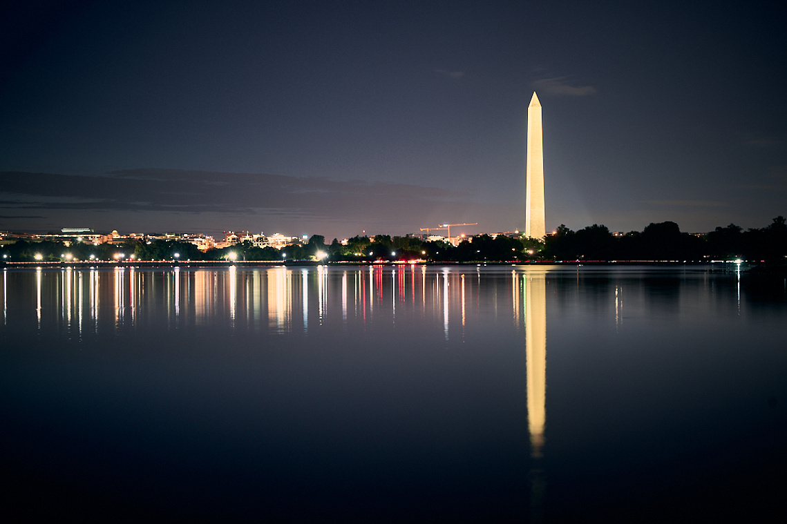 The Washington Monument from the Tidal Basin in Washington DC, near the Jefferson Memorial. 