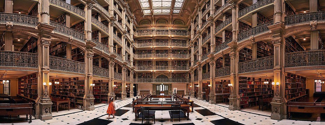 A panorama of the Peabody Library, part of Johns Hopkins, in Baltimore, MD