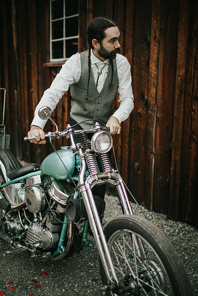 Groom with motorcycle. Country Wedding in Dove Creek, Courtenay, Vancouver Island