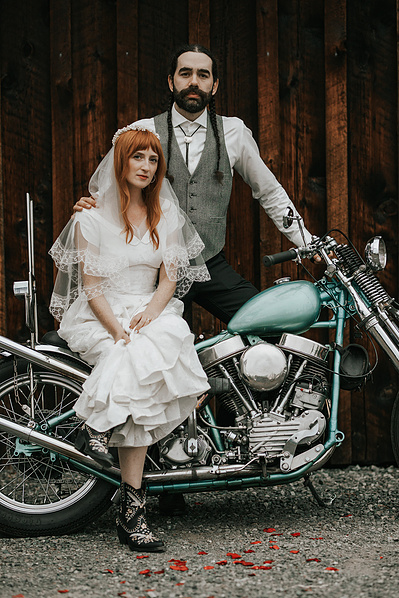 Bride and Groom on motorcycle Country Wedding in Dove Creek, Courtenay, Vancouver Island