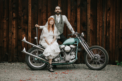 Bride and Groom on motorcycle, Country Wedding in Dove Creek, Courtenay, Vancouver Island