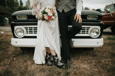 Vintage Truck. Bride and Groom in wedding ceremony, Country Wedding in Dove Creek, Courtenay, Vancouver Island