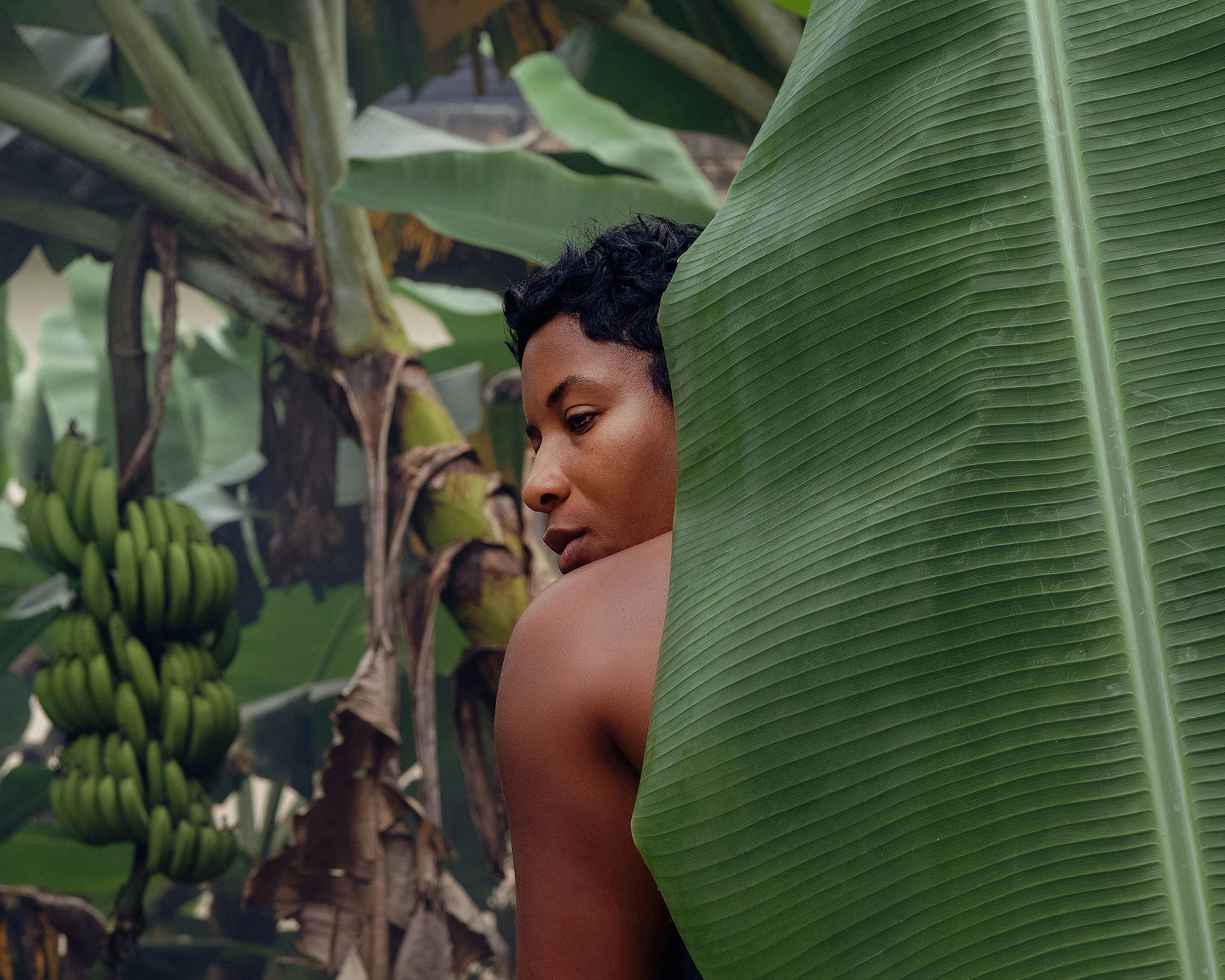 black woman in banana garden with green bananas 