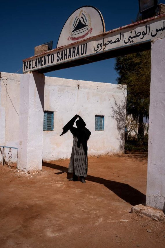 WESTERN SAHARA, RABUNI At the entrance to the Saharawi Parliament in the town of Rabuni. The SNC is a unicameral body, with 53 seats, elected every two years in General People’s Congresses by delegates from the Saharawi refugee camps. The 35% of the parli