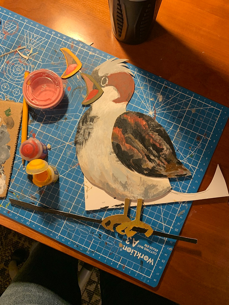 Ade Music video Ambivert. Behind the scenes from Oliver Levine animation. Paper cutout puppets. bird
