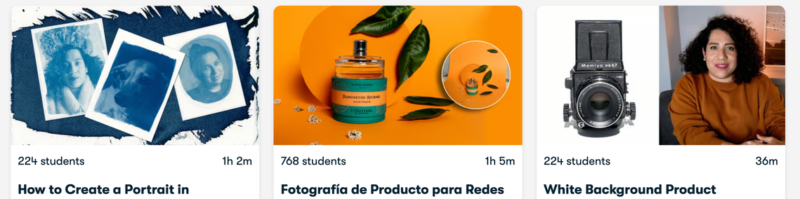 Thumbnails de videos sobre clases de fotografía en la plataforma Skillshare