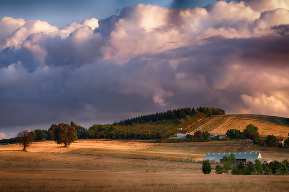 A dramatic sky highlights this sunset over a farm in Washington County, Oregon