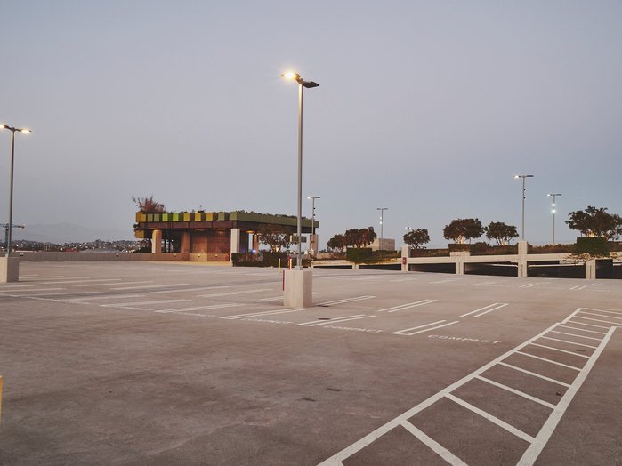 A photograph of the empty upper deck rooftop of the ROW Parking structure in Downtown Los Angeles, California.