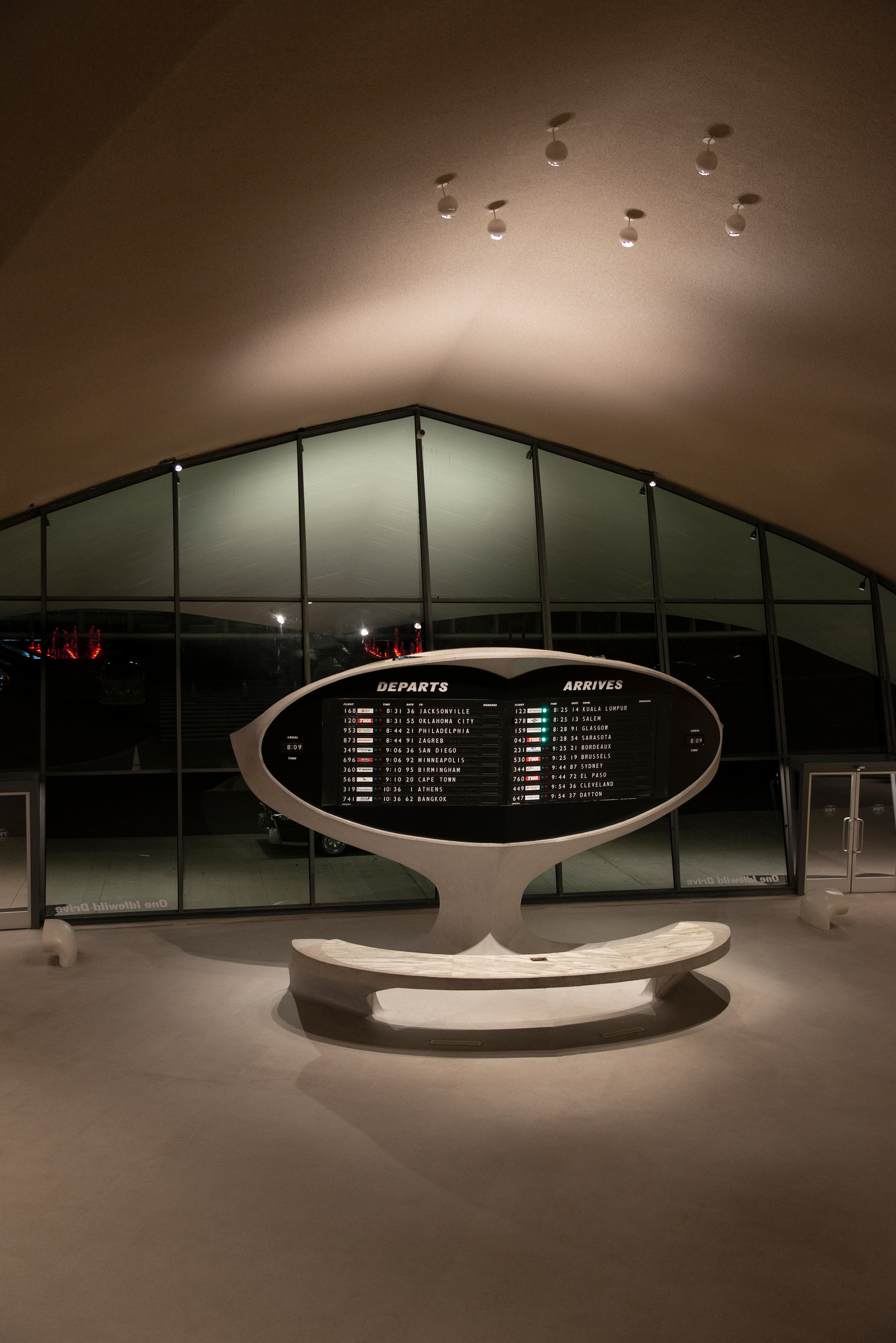 The unique arrival and departure board at the TWA Terminal Hotel, New York City at JFK Airport. Eero Saarinen architect, mid century modern architecture