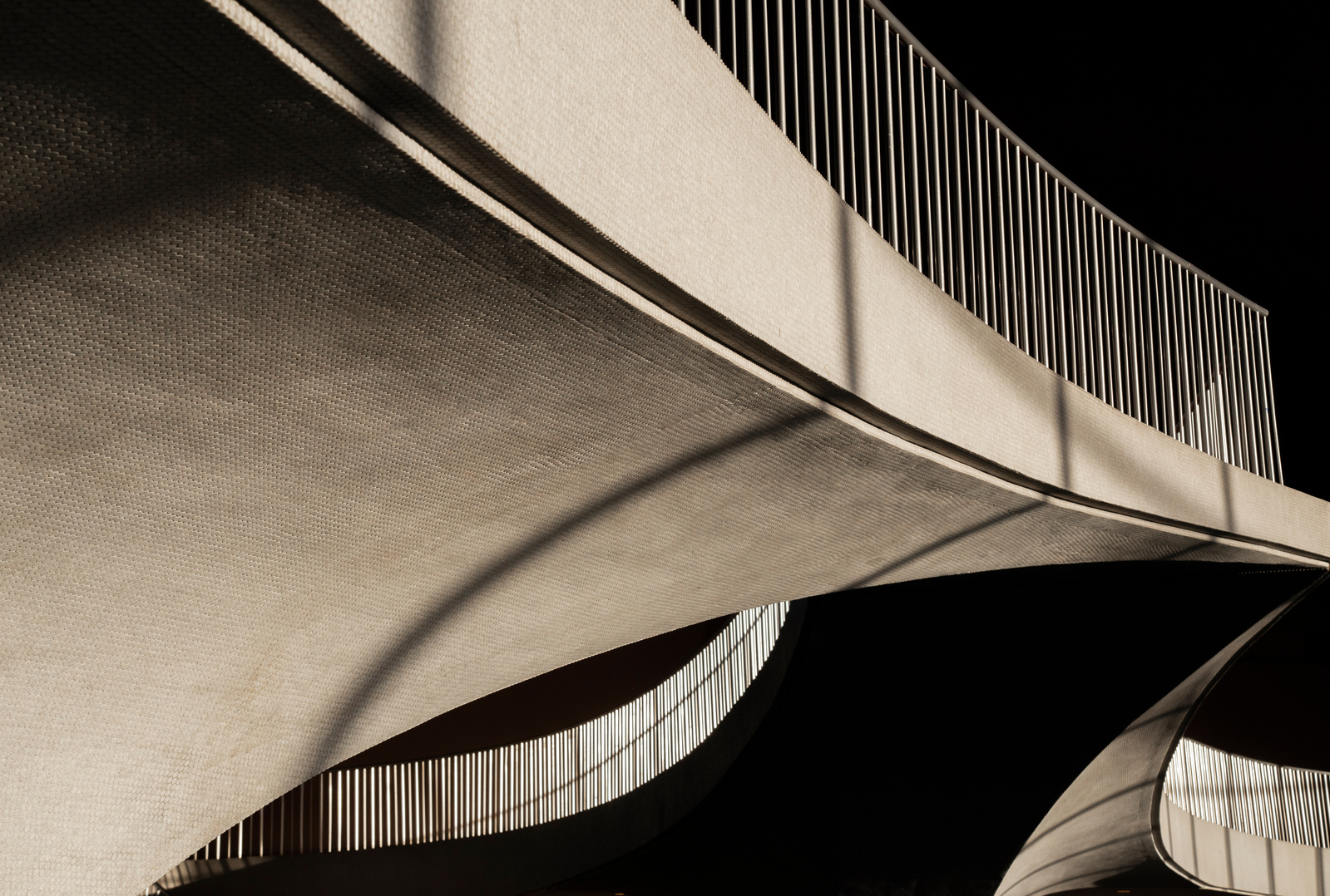 Balcony and the railing shadows at the TWA Terminal Hotel, New York City at JFK Airport. Eero Saarinen architect, mid century modern architecture