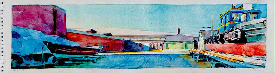Sea Street Dory, Rockland, 2024, watercolor, 6 x 22"