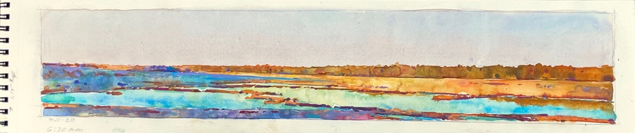 Weskeag Marsh: April Sunrise, 2020, watercolor on Strathmore 400, 3 x 15 3/4"