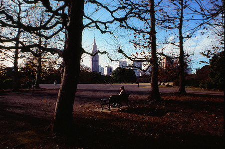 Guy sitting in a place that looks to be New York. No, this is a park in Japan.
