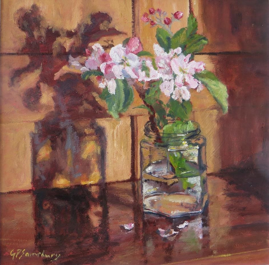 Apple Blossom In Jam Jar on Studio Shelf