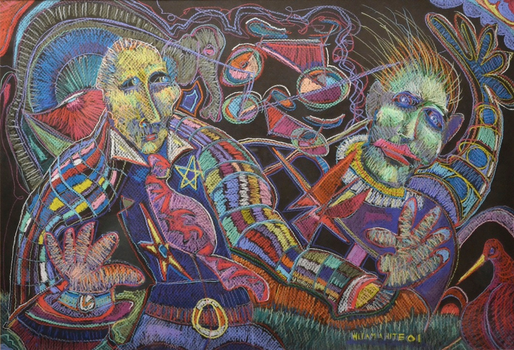 "Two Men in the Wind", 2001 31.5"x21.5".Watercolour Crayon