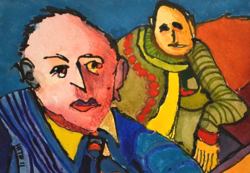 “Two Men Just Thinking”.2011, 6.5”x4.5”.Mixed Media