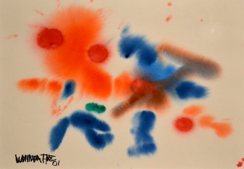 "Blue Chasing Orange", 2001.15.5"x10.75".Watercolour
