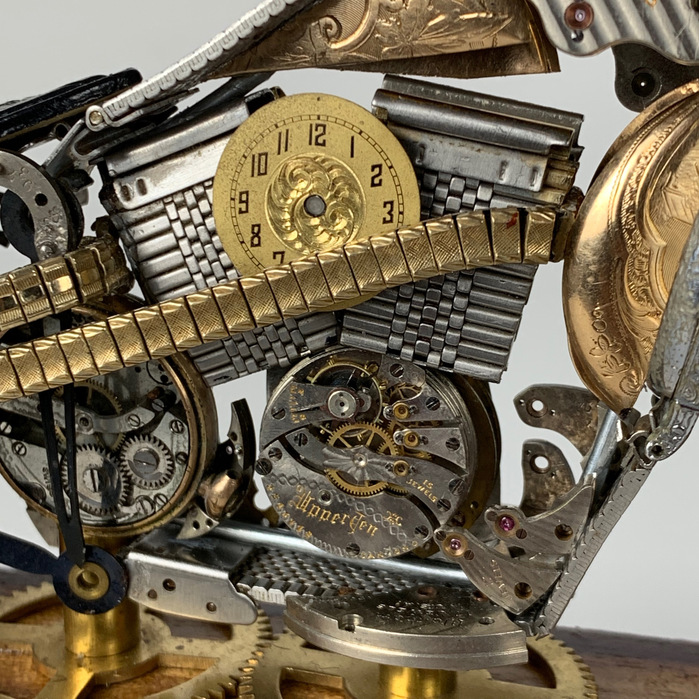 The Swag motorcycle is made using vintage clock and watch parts by Julio Milanes from Time Rider Designs.