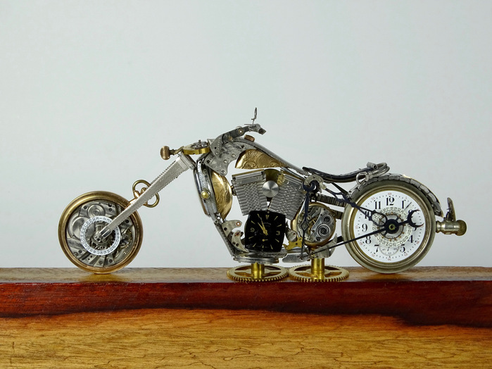 The Swag motorcycle is made using vintage clock and watch parts by Julio Milanes from Time Rider Designs.
