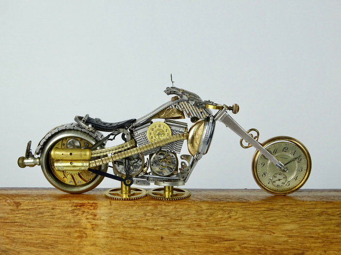 The Swag motorcycle is made using vintage clock and watch parts by Julio Milanes from Time Rider Designs.