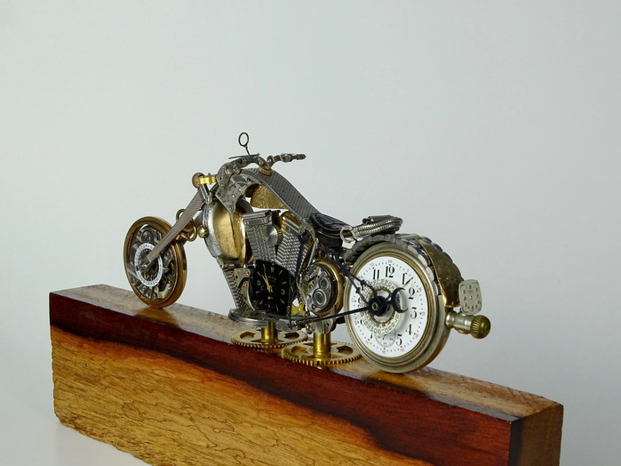 The Swag motorcycle is made using vintage clock and watch parts by Julio Milanes from Time Rider Designs.